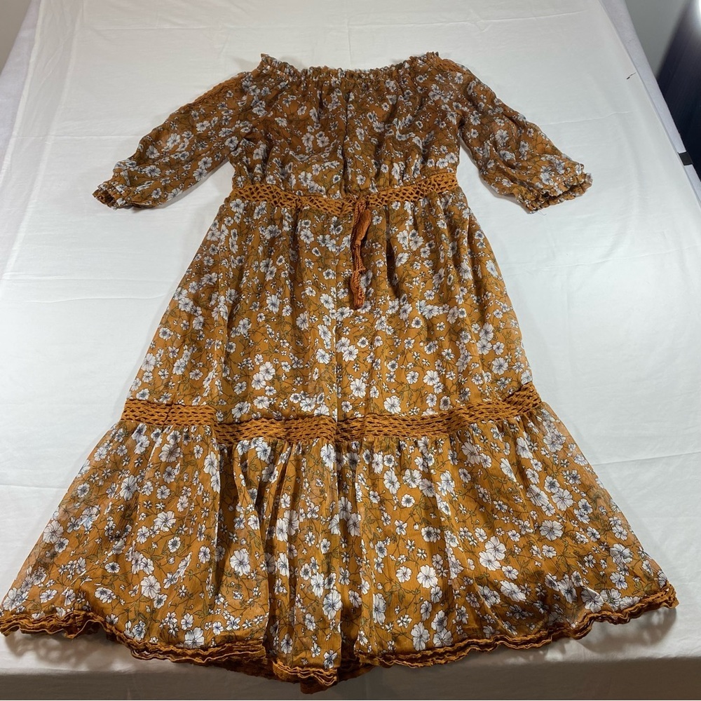 Ryan Michelle Dress Boho Floral Prairie Midi Dress Tassels Western